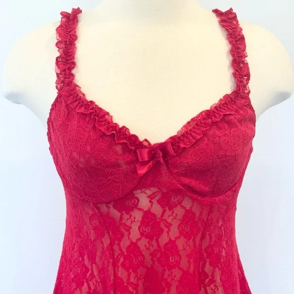 Cinema Etoile Cherry Red Stretch Lace Fit & Flare Babydoll Nightie Slip Dress M